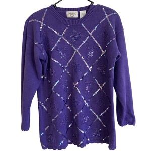 Vtg Cervelle Sweater Sz M Pullover Purple Sequins Beaded Sparkly Embroidered
